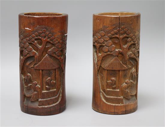 Two Chinese carved bamboo brush pots height 22cm